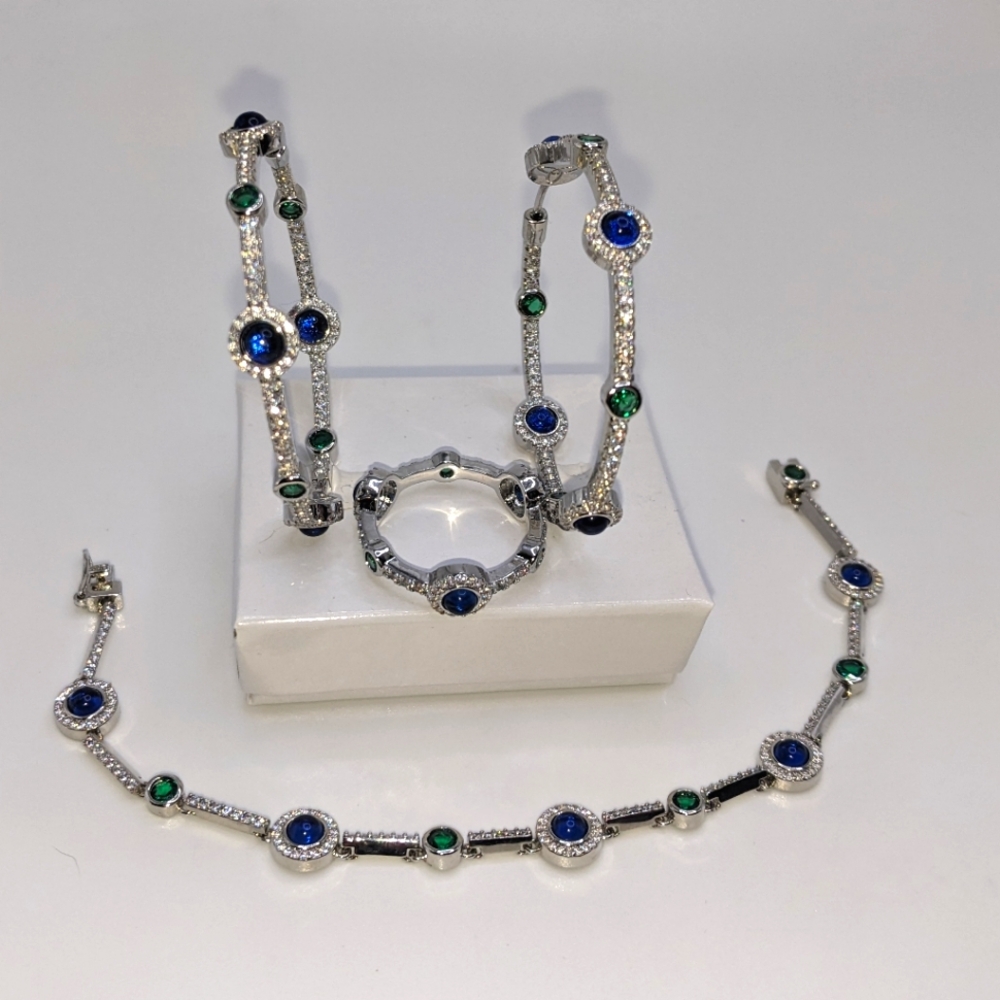 Blue/ Green Gemstone Hoop Earrings, Tennis Bracelet  Ring Matching set S. Silver